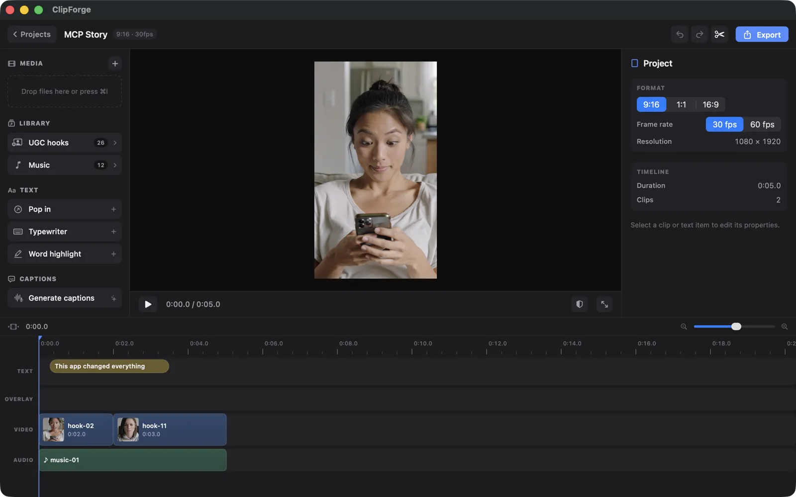 The ClipForge editor: a 9:16 preview of a UGC clip, a multi-lane timeline with hook clips and music, and libraries of UGC hooks and tracks in the sidebar